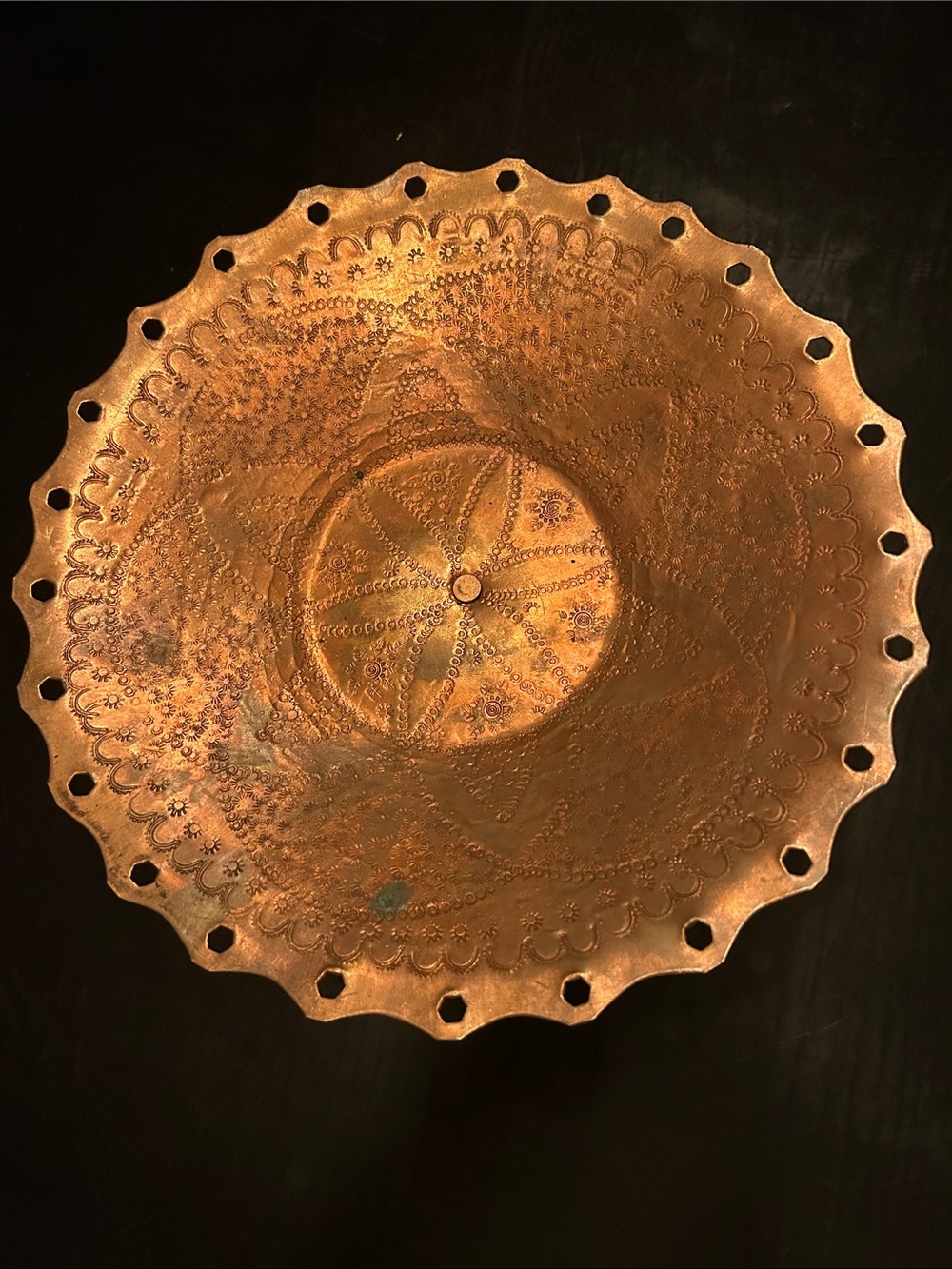 Vintage Persian Handcrafted Rustic Copper Metal Decorative Pedestal Bowl